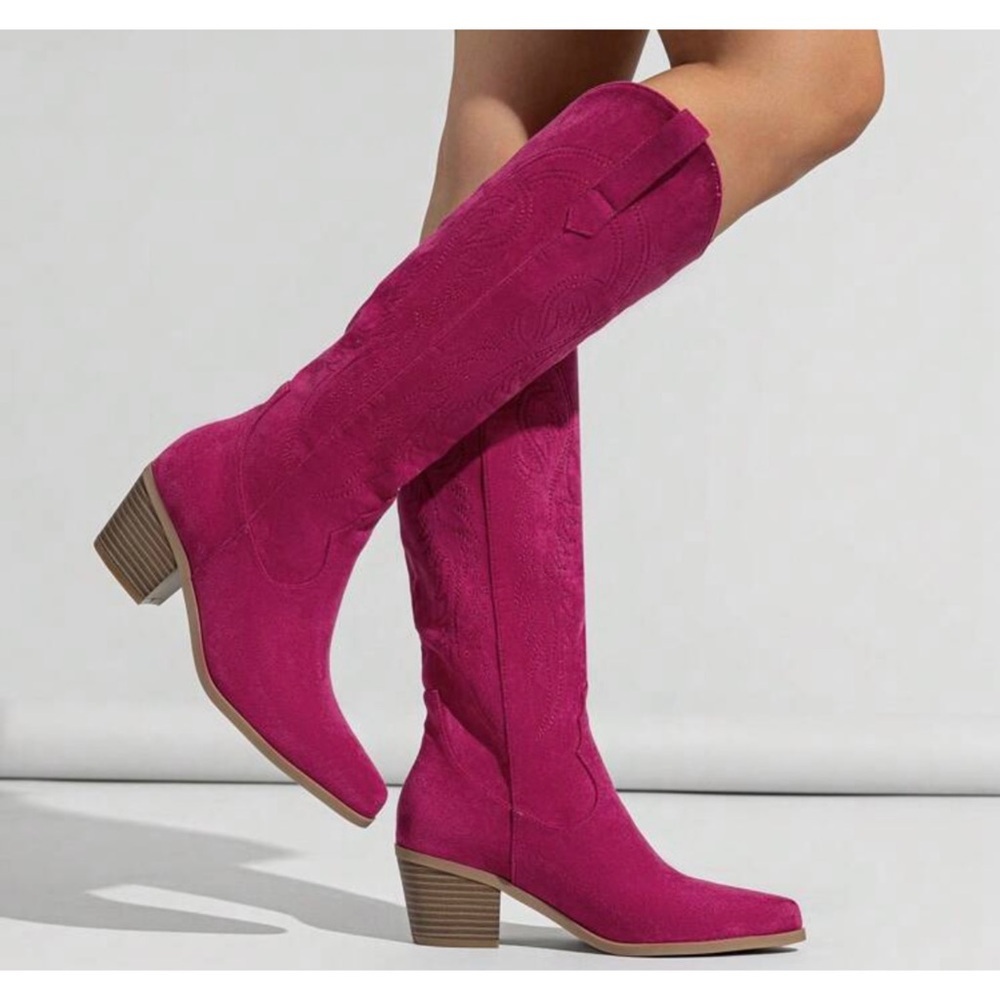 Women's Pink Below Knee Suede Western Boots - Picture 3 of 5